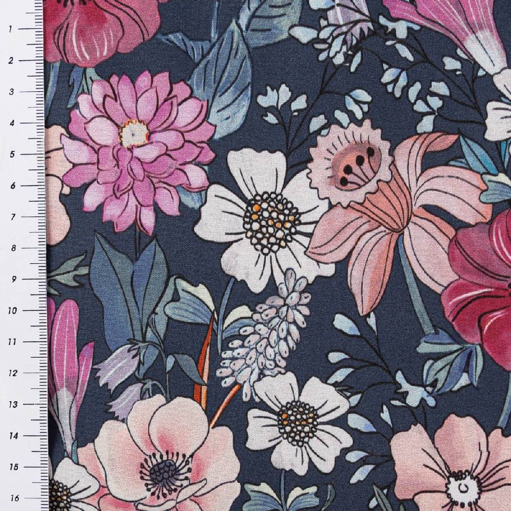 Schöner Leben Softshell Stoff mit Fleece-Rückseite Digital Flowers navy rosa 148cm Breite Im Verkauf