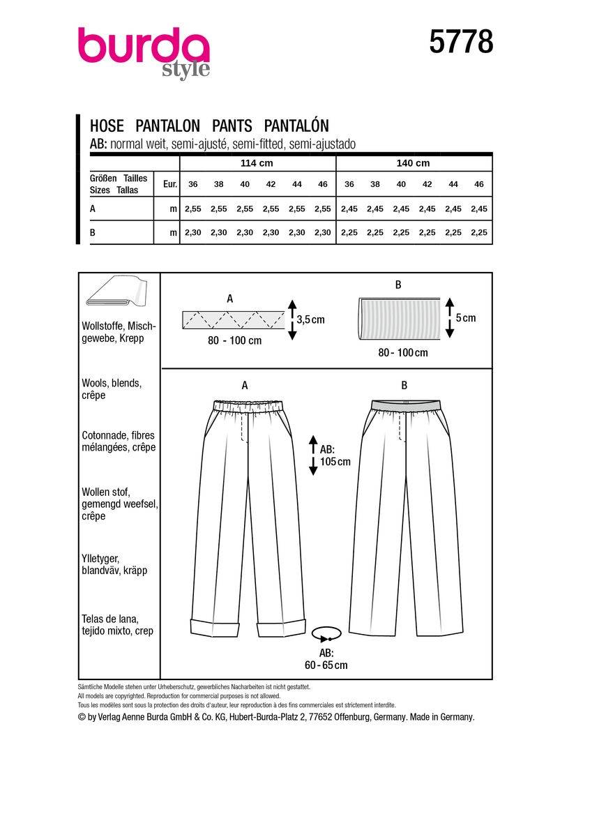 Schöner Leben Burda Schnittmuster 5778 Damen Hose Große Rabatte
