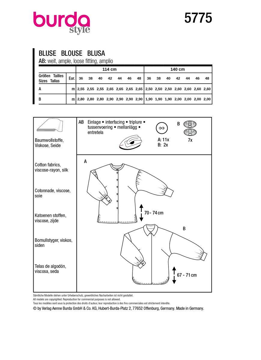 Schöner Leben Burda Schnittmuster 5775 Damen Bluse Bestseller