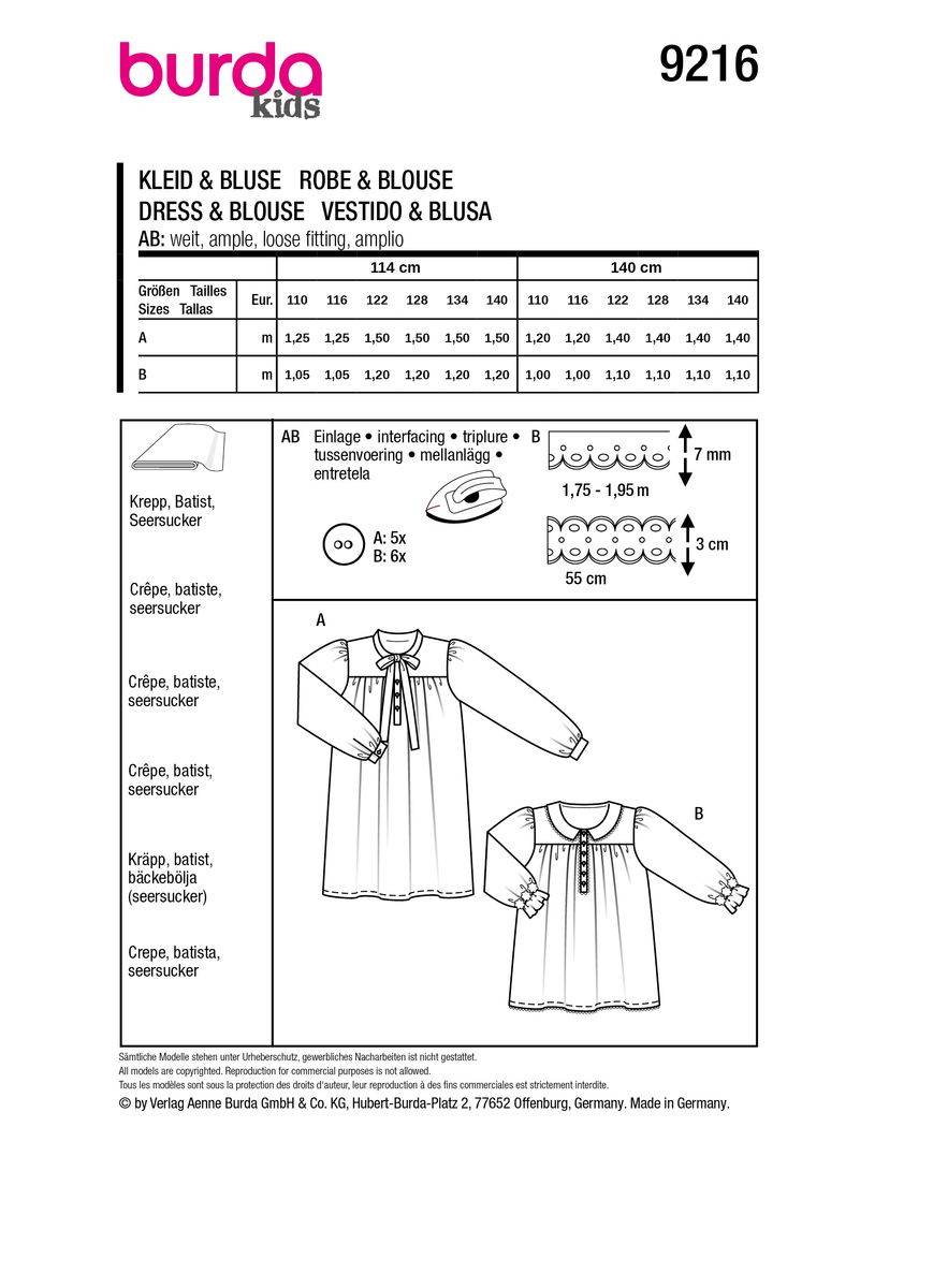 Schöner Leben Burda Schnittmuster 9216 Kinder Kleid & Bluse Sonderangebot der Fabrik