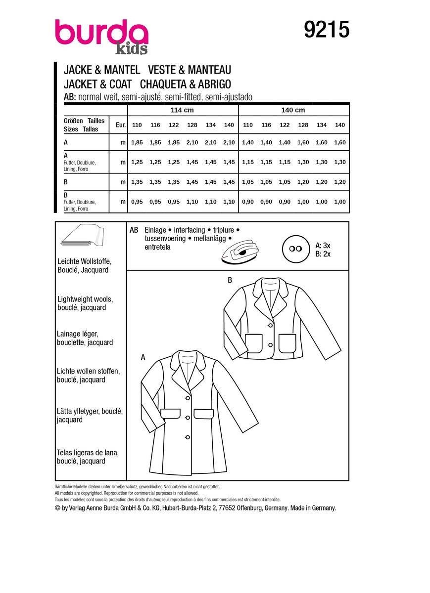 Schöner Leben Burda Schnittmuster 9215 Kinder Mantel & Jacke Vierteljährliche Förderung