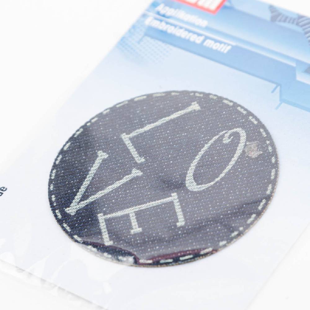 Schöner Leben Applikation LOVE gelasert selbstklebend/aufbügelbar Jeansstoff blau 60mm von Prym Fabrikladen