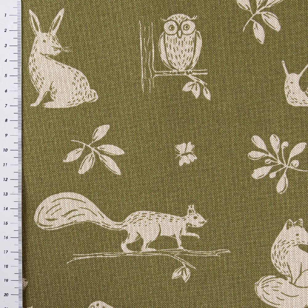 Schöner Leben Dekostoff Halbpanama Forest Animal Scene Waldtiere grün beige 1,4m Breite Jubiläumsangebot