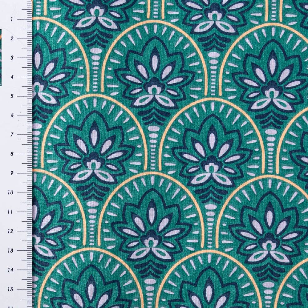 Schöner Leben Tischdeckenstoff abwaschbar Baumwollstoff beschichtet ABSTRACT Art Deco Blumen Bogen petrol blau 1,45m Breite Räumungsverkauf
