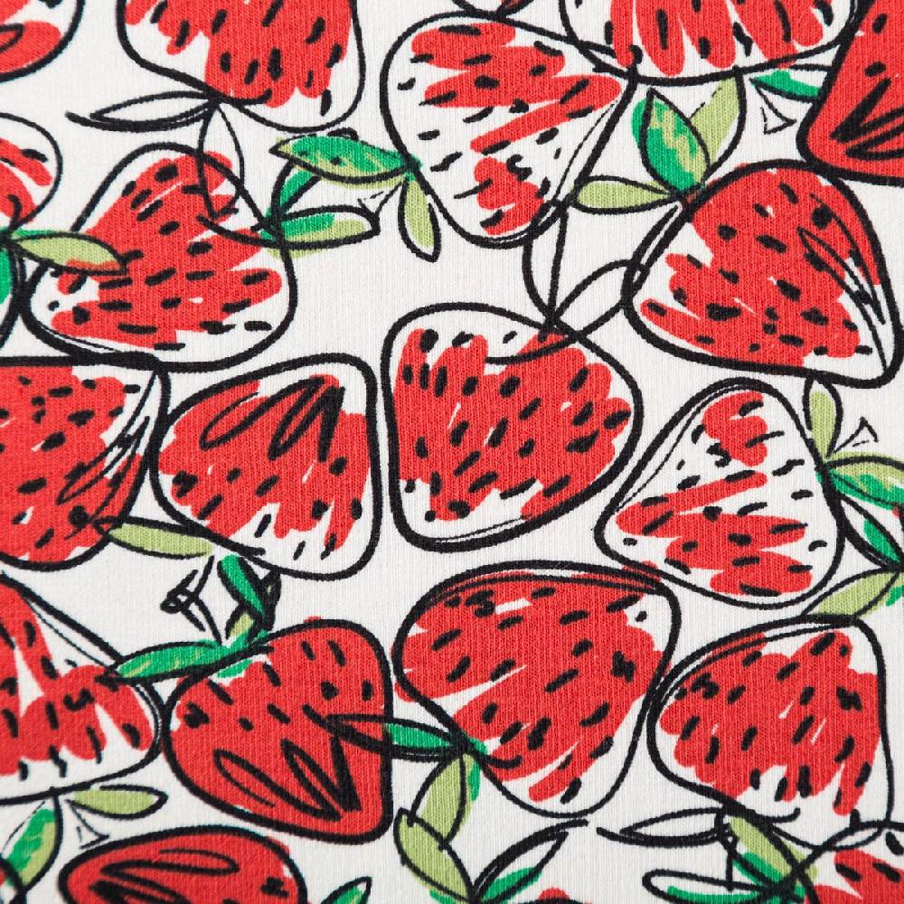 Schöner Leben Jersey Stoff Baumwolljersey Erdbeeren Allover gezeichnet weiß rot 1,50m Breite Tiefpreis
