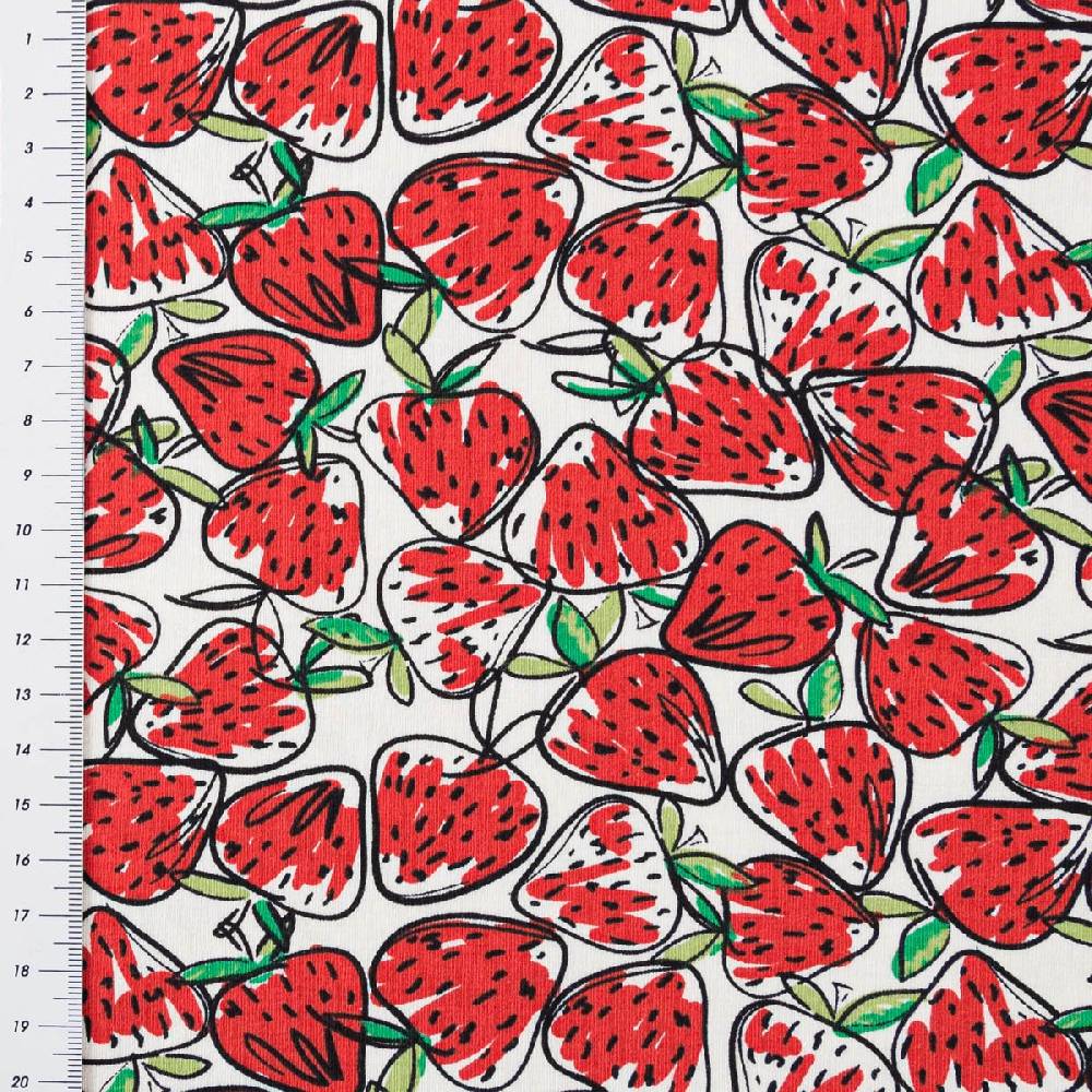 Schöner Leben Jersey Stoff Baumwolljersey Erdbeeren Allover gezeichnet weiß rot 1,50m Breite Tiefpreis