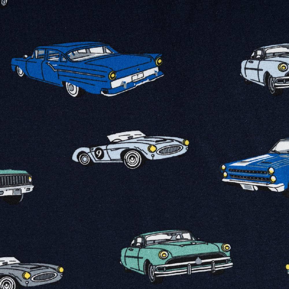 Schöner Leben Jersey Stoff Baumwolljersey CLASSIC CARS Autos dunkel blau mint 1,45m Breite