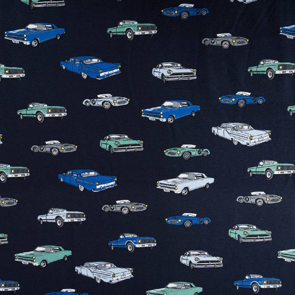 Schöner Leben Jersey Stoff Baumwolljersey CLASSIC CARS Autos dunkel blau mint 1,45m Breite Wochenangebot
