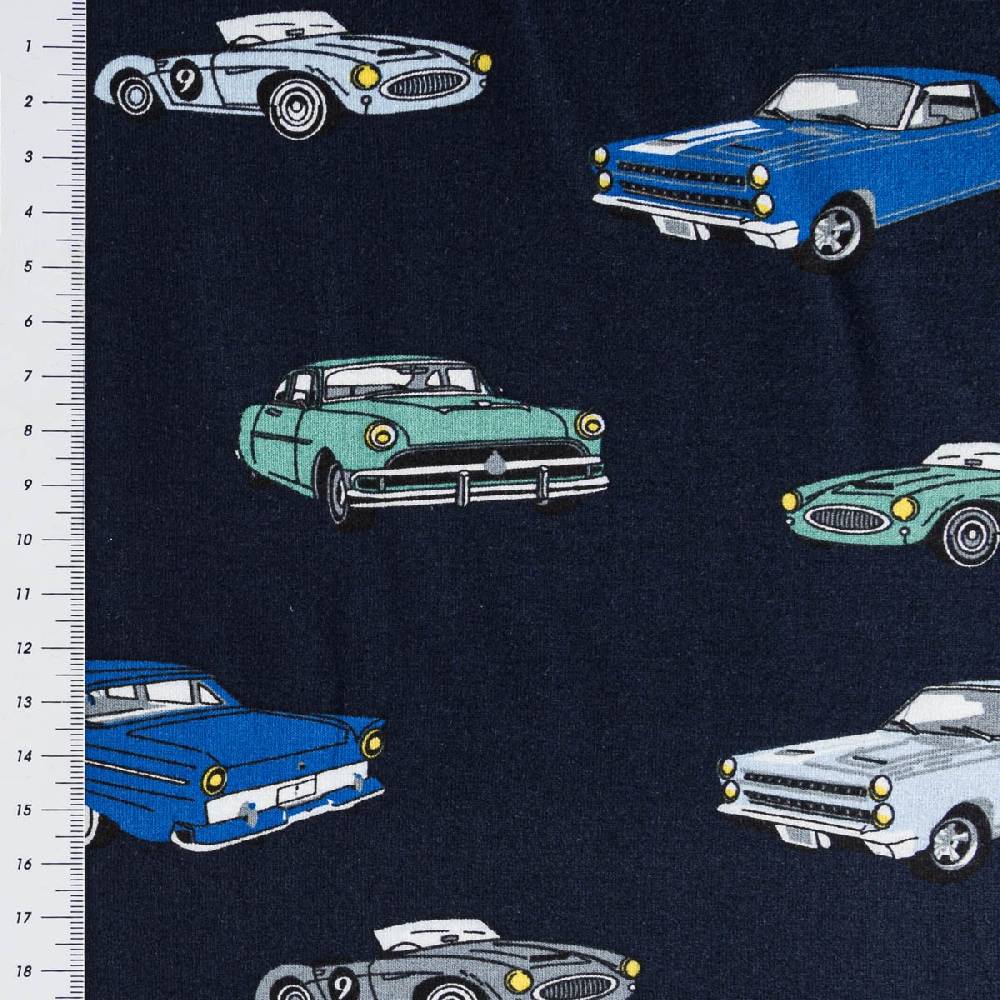 Schöner Leben Jersey Stoff Baumwolljersey CLASSIC CARS Autos dunkel blau mint 1,45m Breite Wochenangebot
