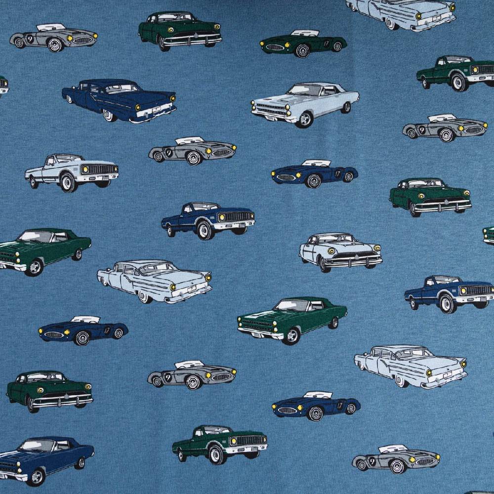 Schöner Leben Jersey Stoff Baumwolljersey CLASSIC CARS Autos jeans blau grün 1,45m Breite Kostenlose Rückgabe
