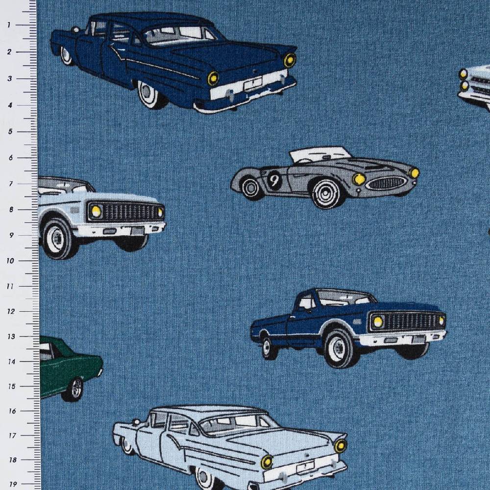 Schöner Leben Jersey Stoff Baumwolljersey CLASSIC CARS Autos jeans blau grün 1,45m Breite Kostenlose Rückgabe
