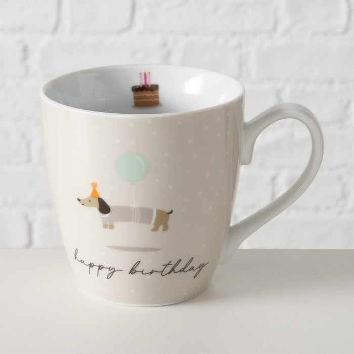 Schöner Leben XL Tasse aus Porzellan Happy Birthday und Dackel mit Luftballon beige weiß bunt versch. Motive 480ml Verkauf