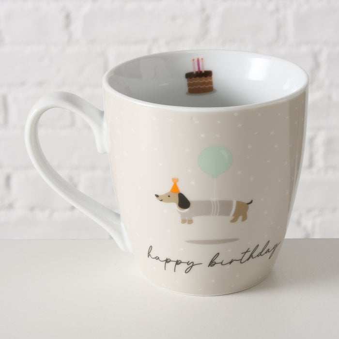 Schöner Leben XL Tasse aus Porzellan Happy Birthday und Dackel mit Luftballon beige weiß bunt versch. Motive 480ml Verkauf