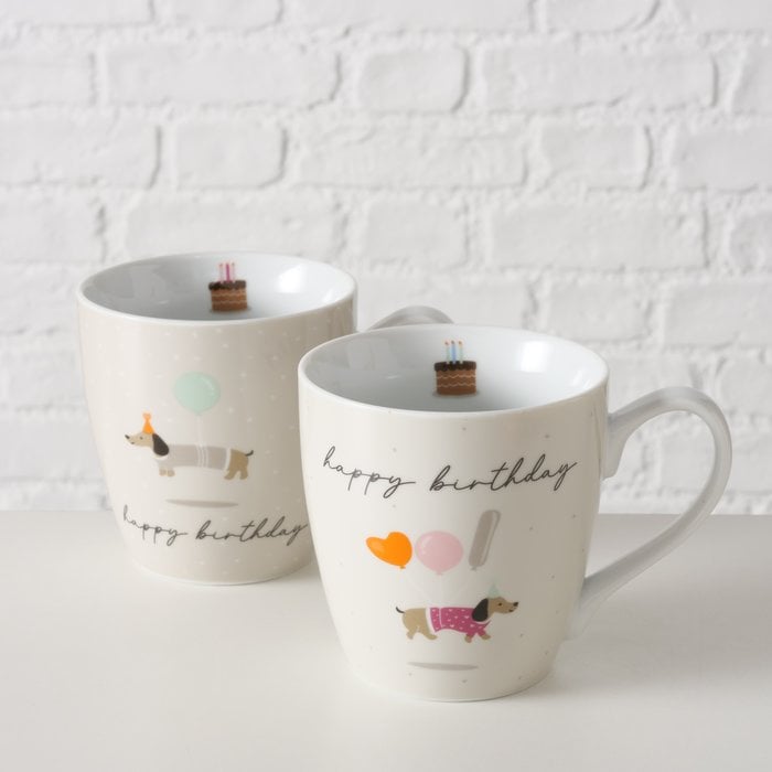 Schöner Leben XL Tasse aus Porzellan Happy Birthday und Dackel mit Luftballon beige weiß bunt versch. Motive 480ml Verkauf