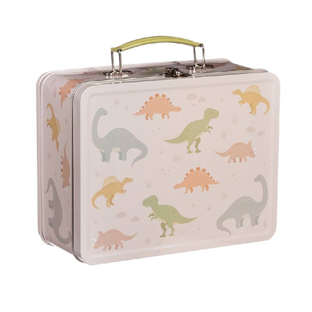 Schöner Leben Lunchbox Koffer mit Dinos aus Metall beige bunt 22x17x10cm von Sass & Belle