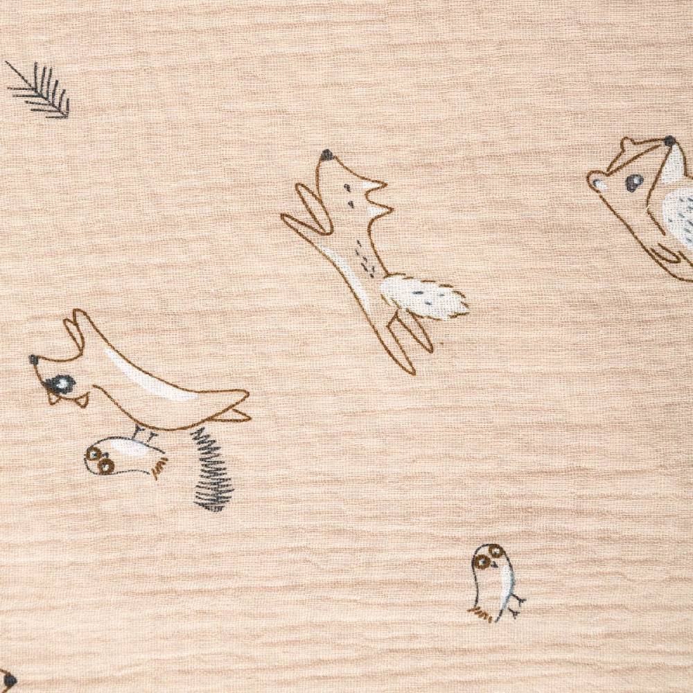 Schöner Leben Musselin Stoff Double Gauze Bewild Waldtiere Dachs Fuchs Vogel beige grau 1,30m Breite