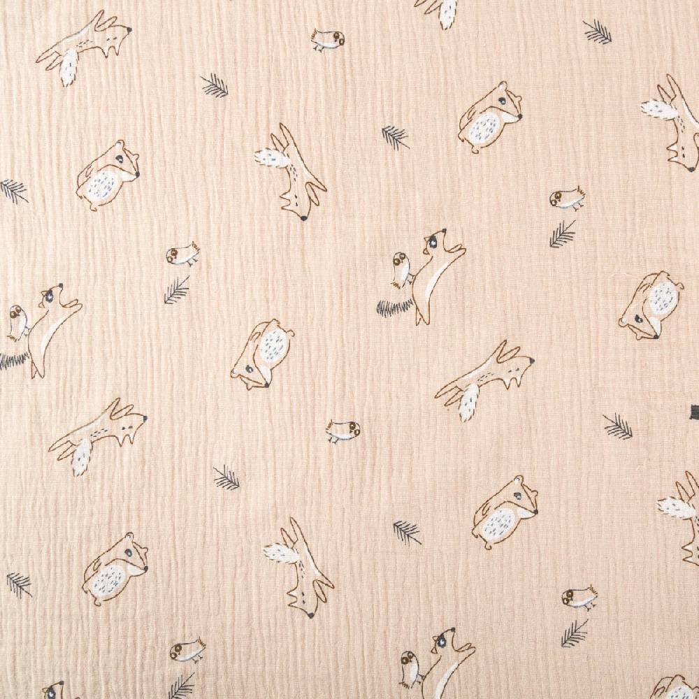 Schöner Leben Musselin Stoff Double Gauze Bewild Waldtiere Dachs Fuchs Vogel beige grau 1,30m Breite Sonderangebot