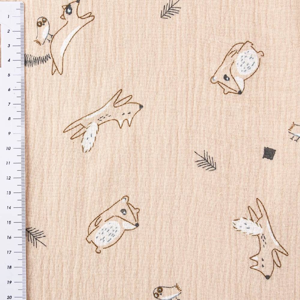 Schöner Leben Musselin Stoff Double Gauze Bewild Waldtiere Dachs Fuchs Vogel beige grau 1,30m Breite Sonderangebot