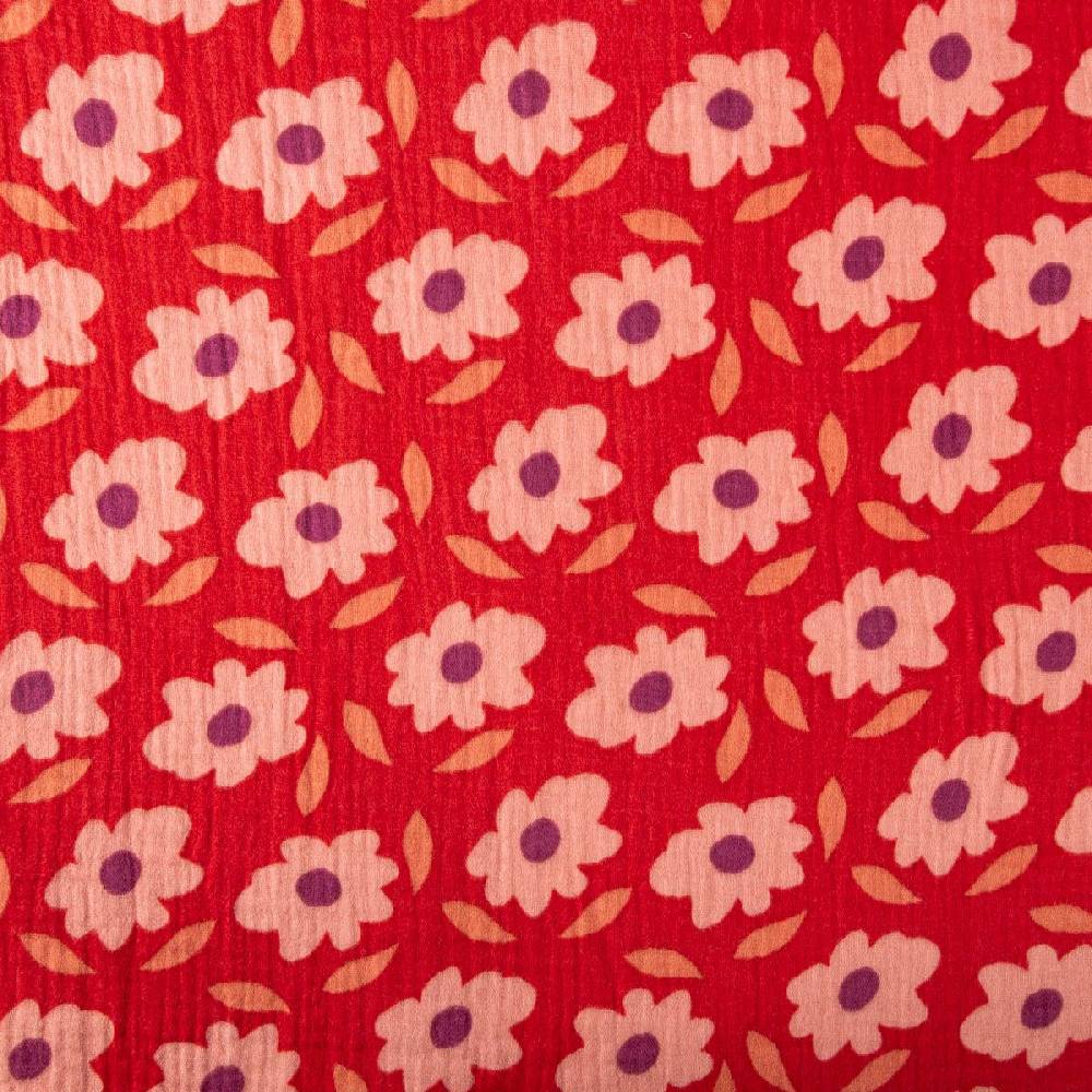 Schöner Leben Musselin Stoff Double Gauze Floli Blumen Blätter rot violett 1,30m Breite Flash Sale