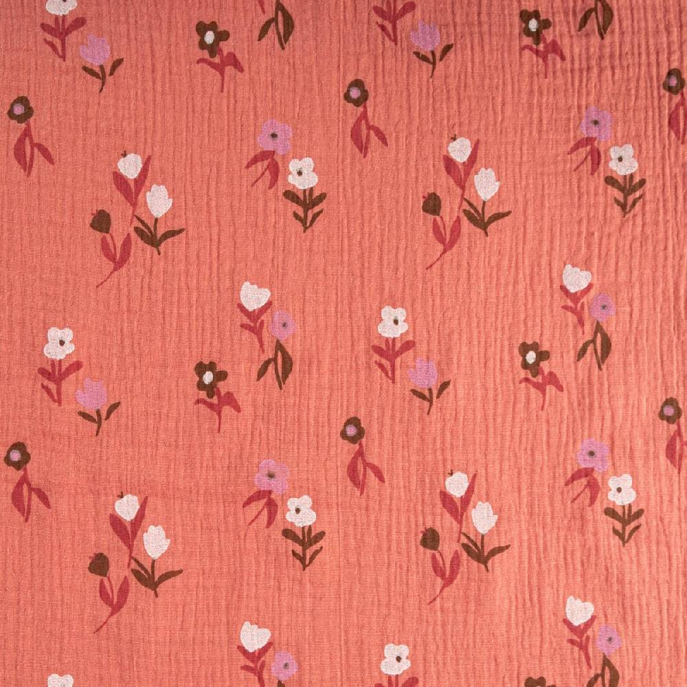 Schöner Leben Musselin Stoff Double Gauze Pixflo Blumen koralle rot weiß 1,30m Breite Preisnachlass
