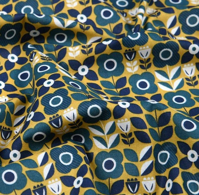 Schöner Leben Baumwollstoff Retro Blumen gelb blau 1,40m Breite Muttertagsangebot
