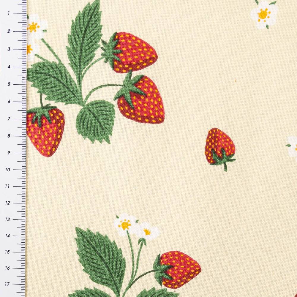 Schöner Leben Dekostoff Halbpanama Strawberry Happy Fruit Erdbeeren vanille rot 1,4m Breite Kauf eins, bekomm eins gratis