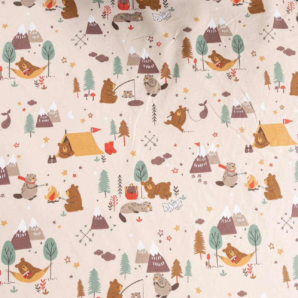 Schöner Leben Baumwollstoff Webware GLAMPING Camping Bär Biber Berge beige braun 1,47m Breite Tägliche Deals