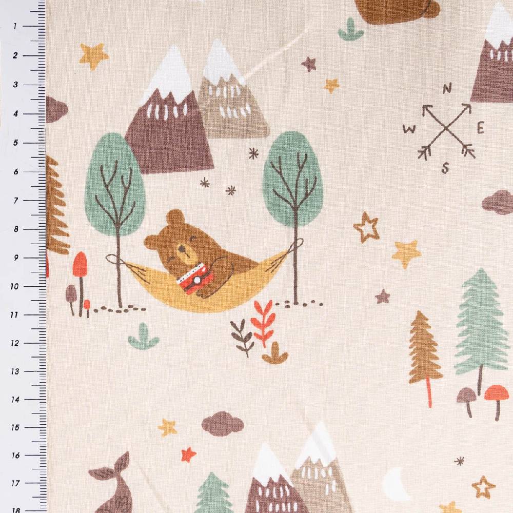 Schöner Leben Baumwollstoff Webware GLAMPING Camping Bär Biber Berge beige braun 1,47m Breite Tägliche Deals