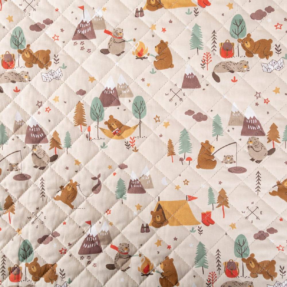 Schöner Leben Steppstoff Baumwolle GLAMPING Camping Tiere Bär Biber beidseitig beige braun 1,44m Breite Riesige Ersparnisse