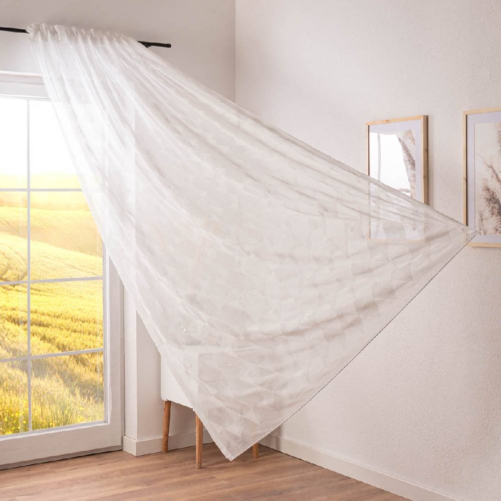 Schöner Leben Gardine Karma Stickerei Rauten Leinenoptik weiß mit Smok-Schlaufenband in div. Breiten mit 245cm Höhe oder Wunschmaß von SCHÖNER LEBEN