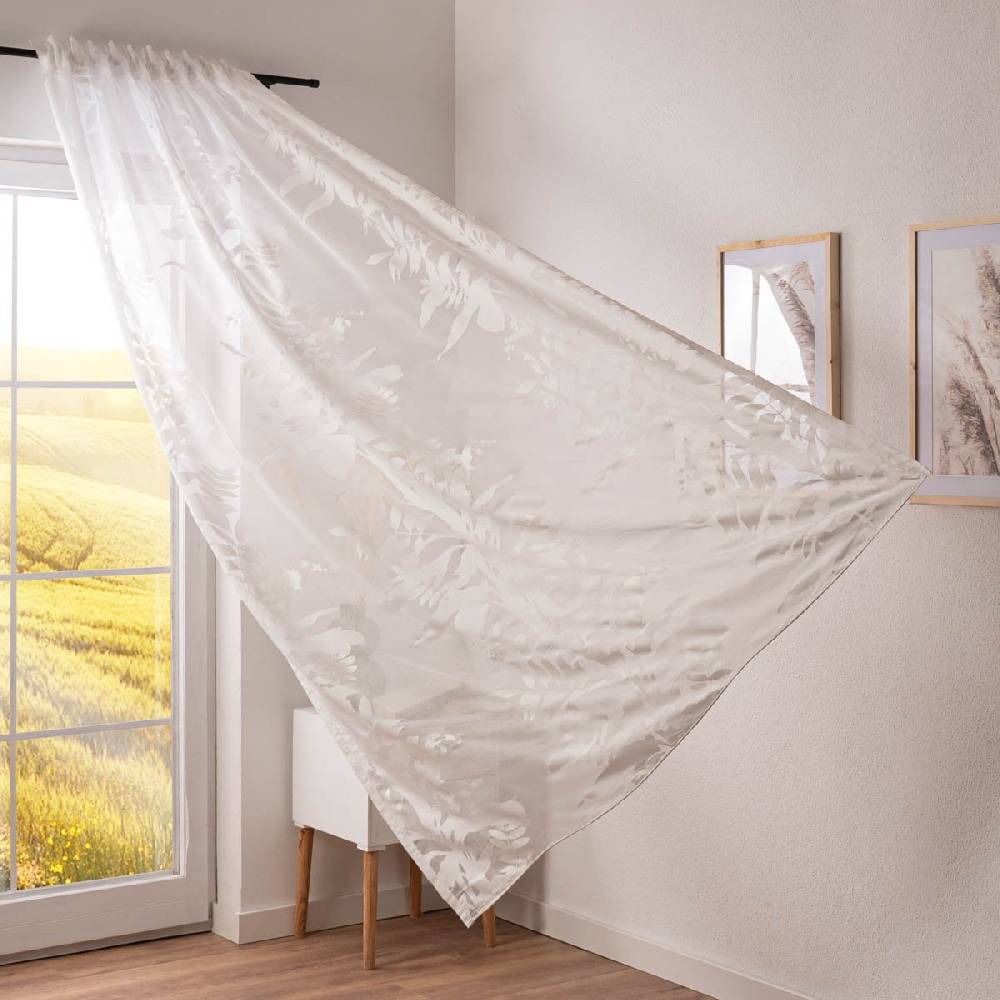 Schöner Leben Gardine Madagaskar Ausbrenner Blätter weiß mit Smok-Schlaufenband in 245cm hoch in versch. Breiten oder Wunschmaß von SCHÖNER LEBEN