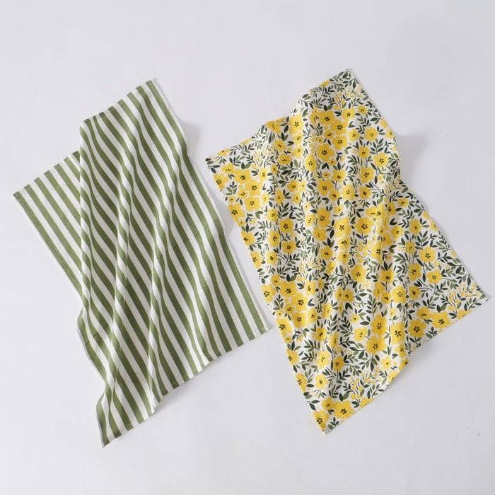 Schöner Leben Geschirrtuch 2er Set mit Blumen und Streifen aus Baumwolle weiß-grün und weiß-gelb-grün 50x70cm Bestseller