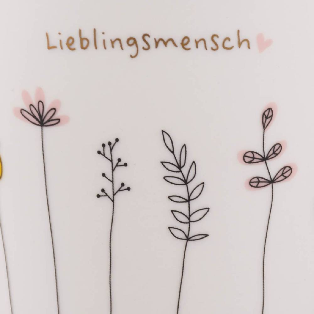 Schöner Leben Tasse Goldtasse aus Porzellan Lieblingsmensch Blumen weiß schwarz bunt gold 420ml von Schreibkram Manufaktur Fabrikladen