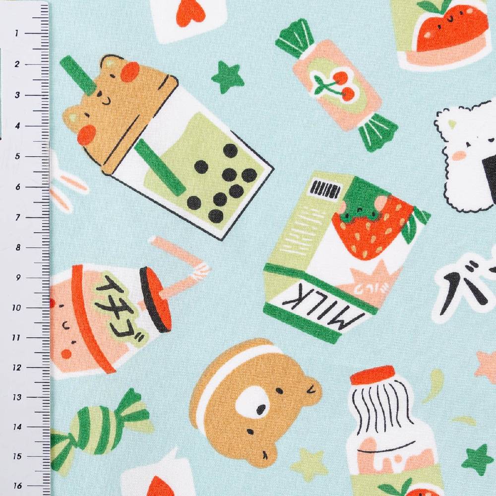 Schöner Leben Tischdeckenstoff abwaschbar Baumwollstoff beschichtet MOUMO Japanisch Sushi Bubble Tea mint grün 1,45m Breite Begrenzt auf 3 Tage