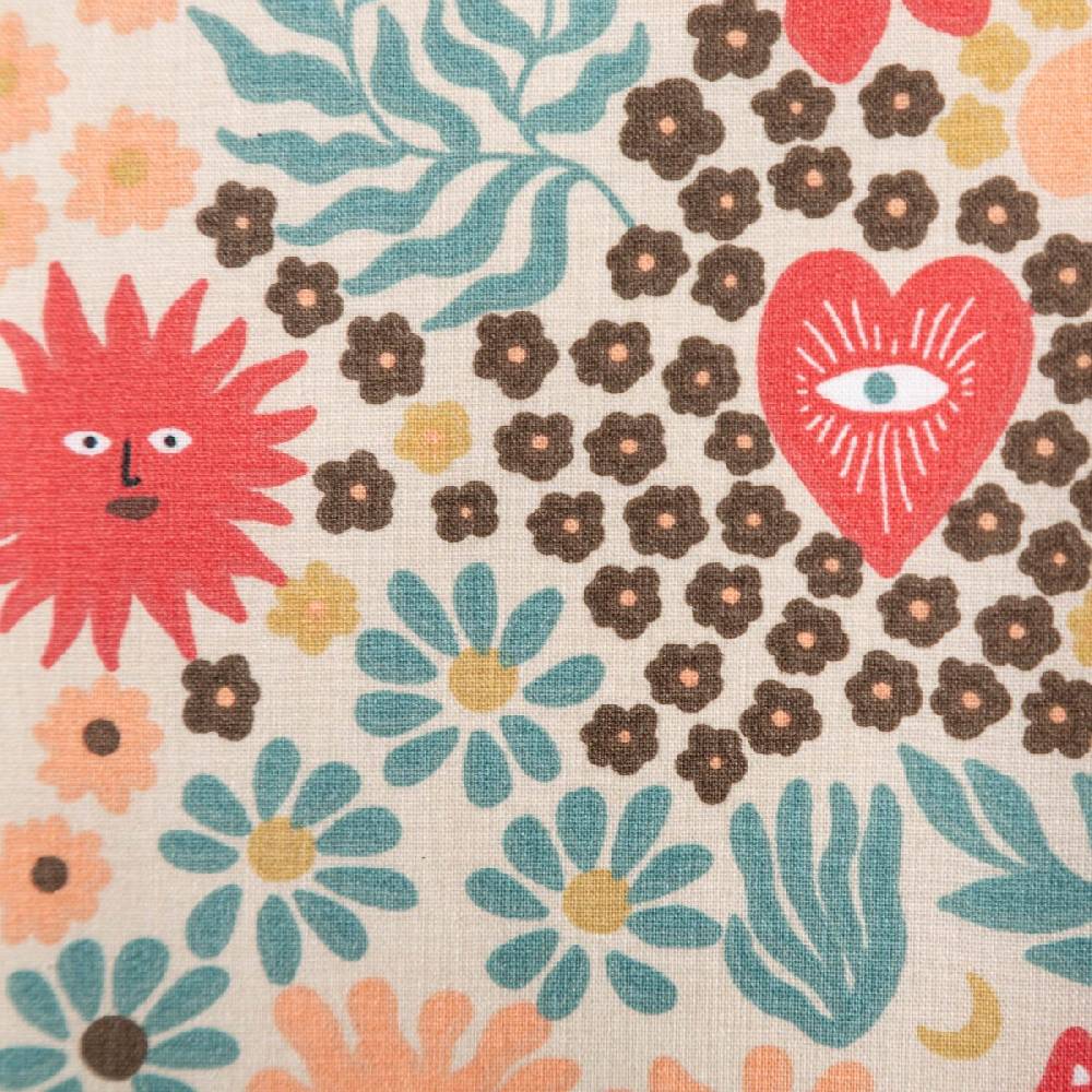 Schöner Leben Tischdeckenstoff abwaschbar Baumwollstoff beschichtet GRAOU Katzen Blumen beige bunt 1,45m Breite Speichern exportieren