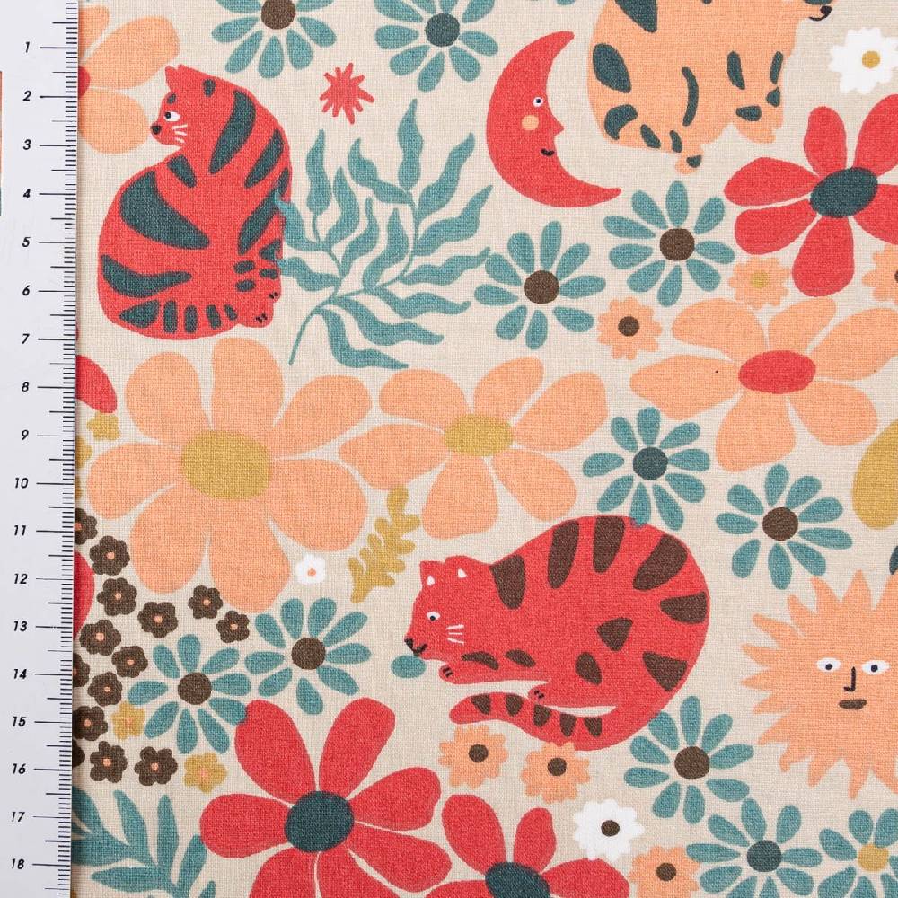 Schöner Leben Tischdeckenstoff abwaschbar Baumwollstoff beschichtet GRAOU Katzen Blumen beige bunt 1,45m Breite Speichern exportieren