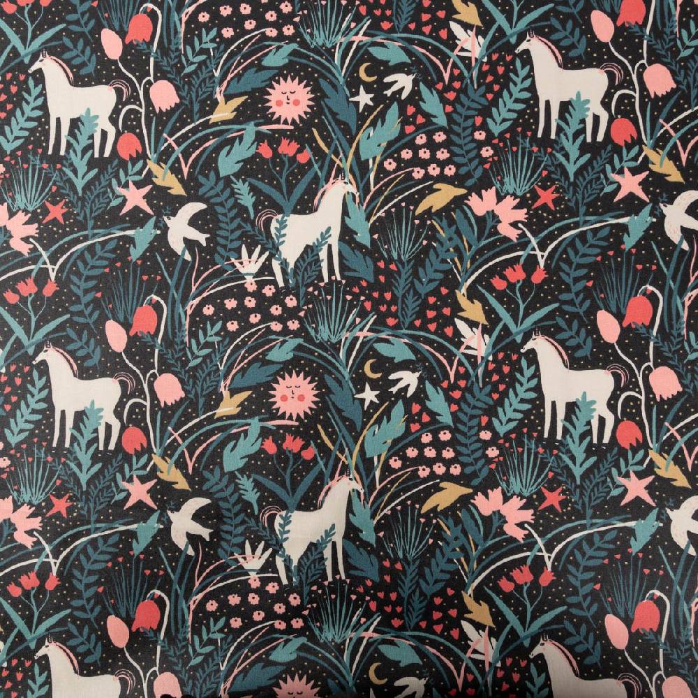Schöner Leben Tischdeckenstoff abwaschbar Baumwollstoff beschichtet AZORA Einhorn Blumen schwarz bunt 1,45m Breite Im Verkauf