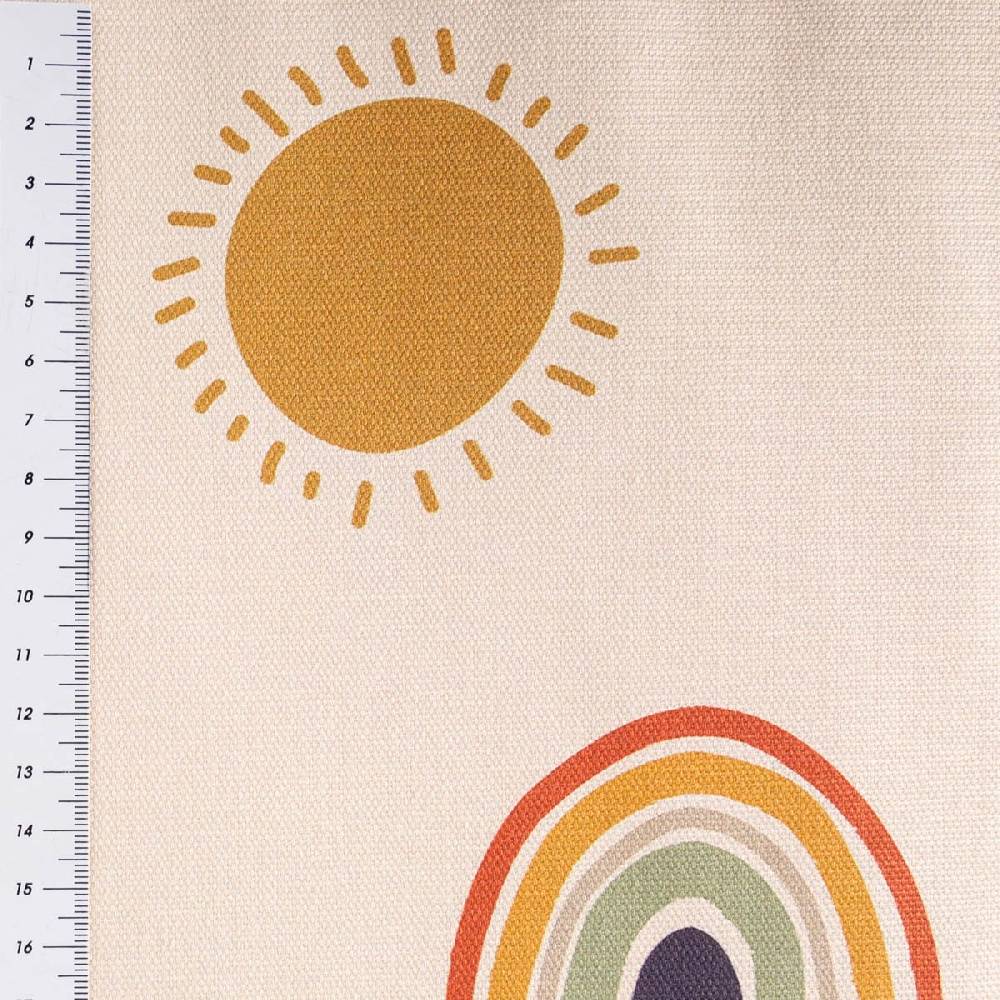 Schöner Leben Baumwollstoff Dekostoff Halbpanama Digitaldruck Regenbogen und Sonnen beige bunt 1,40m Breite zollfrei