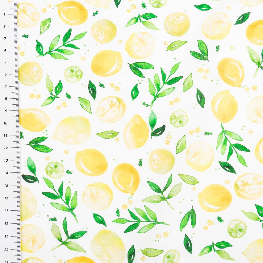 Schöner Leben Baumwollstoff Popeline Fine Poplin Digitaldruck LEMON Mini Zitronen weiß gelb 1,45m Breite Verkauf