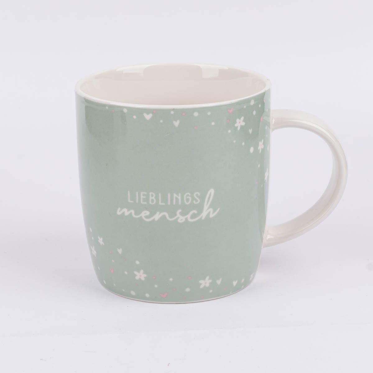 Schöner Leben Tasse Gute Laune aus Porzellan Lieblingsmensch Blumen Herzen mintgrün weiß rosa 300ml von Grafik Werkstatt