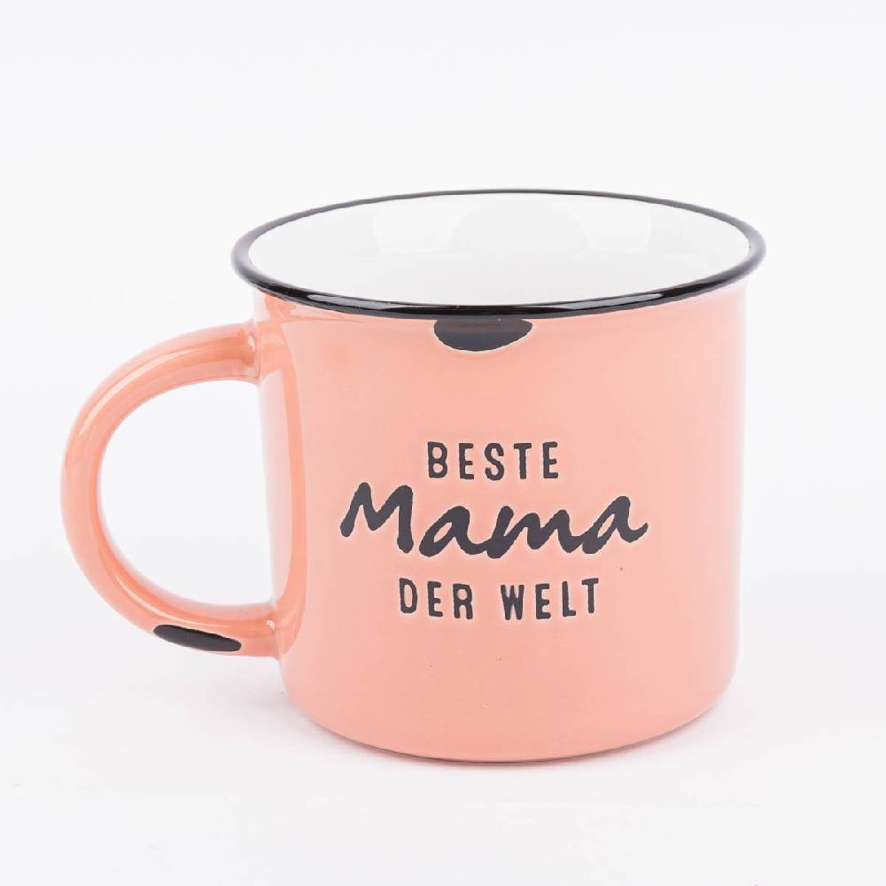 Schöner Leben Tasse Vintage aus Keramik in Emaille-Optik Beste Mama der Welt lachsorange schwarz 400ml von Grafik Werkstatt Fabrikladen