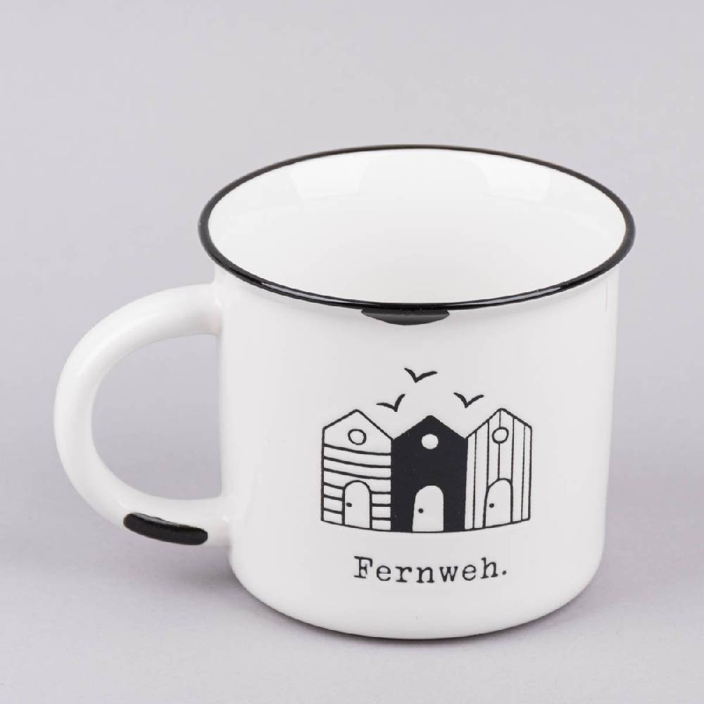 Schöner Leben Tasse Vintage aus Keramik in Emaille-Optik Maritim Fernweh weiß schwarz 400ml von Grafik Werkstatt Begrenzt auf 3 Tage