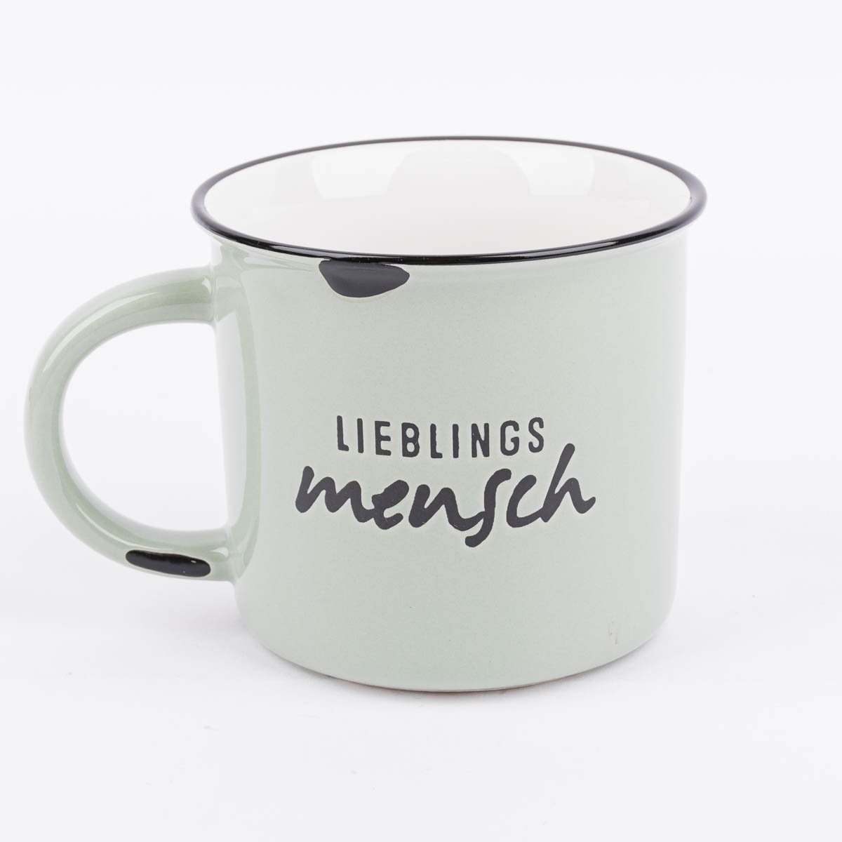Schöner Leben Tasse Vintage aus Keramik in Emaille-Optik Lieblingsmensch hellgrün schwarz 400ml von Grafik Werkstatt Speichern exportieren