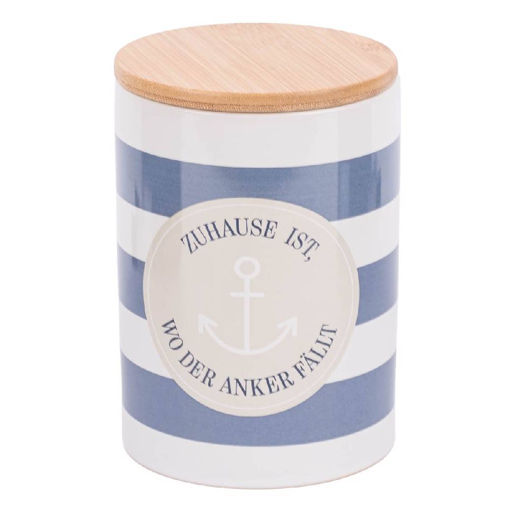 Schöner Leben Vorratsdose aus Porzellan mit Bambusdeckel Zuhause ist wo der Anker fällt Streifen Anker blau beige weiß 11x16cm von La Vida Blitzverkäufe