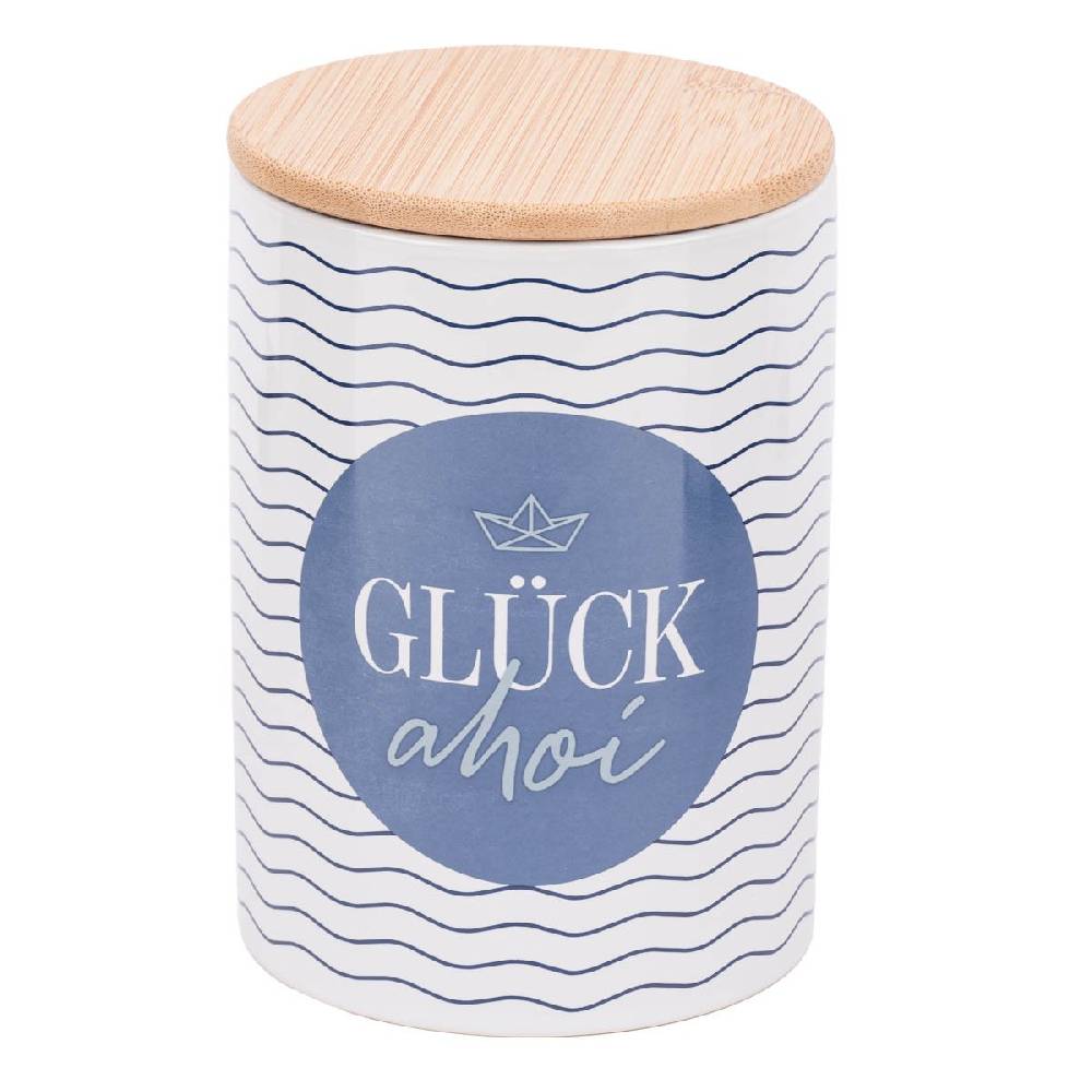 Schöner Leben Vorratsdose aus Porzellan mit Bambusdeckel Glück ahoi Schiff Wellenlinien blau weiß 11x16cm von La Vida