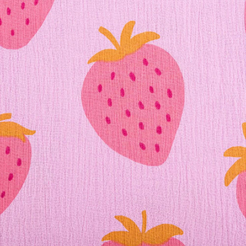 Schöner Leben Musselin Stoff STRAWBERRIES Erdbeeren groß hell lila pink 1,35m Breite Lagerräumung