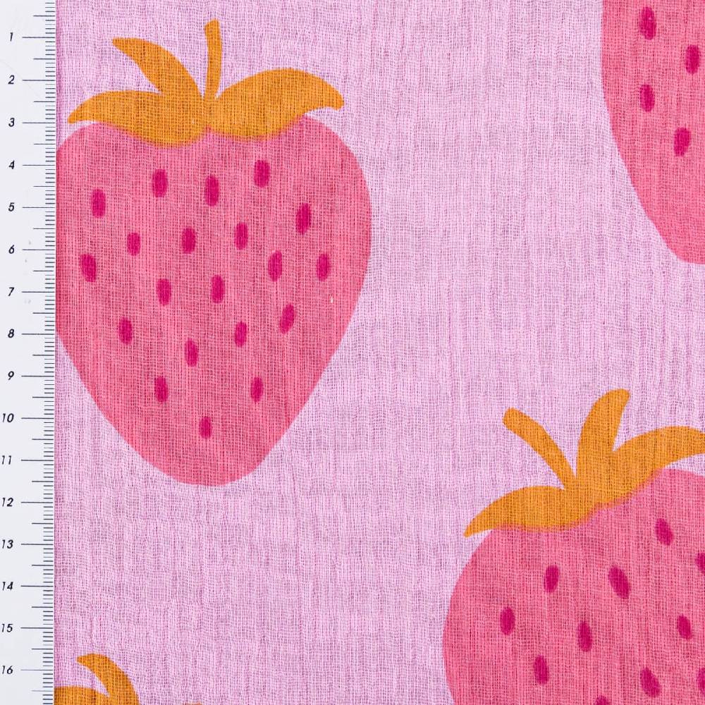 Schöner Leben Musselin Stoff STRAWBERRIES Erdbeeren groß hell lila pink 1,35m Breite Lagerräumung