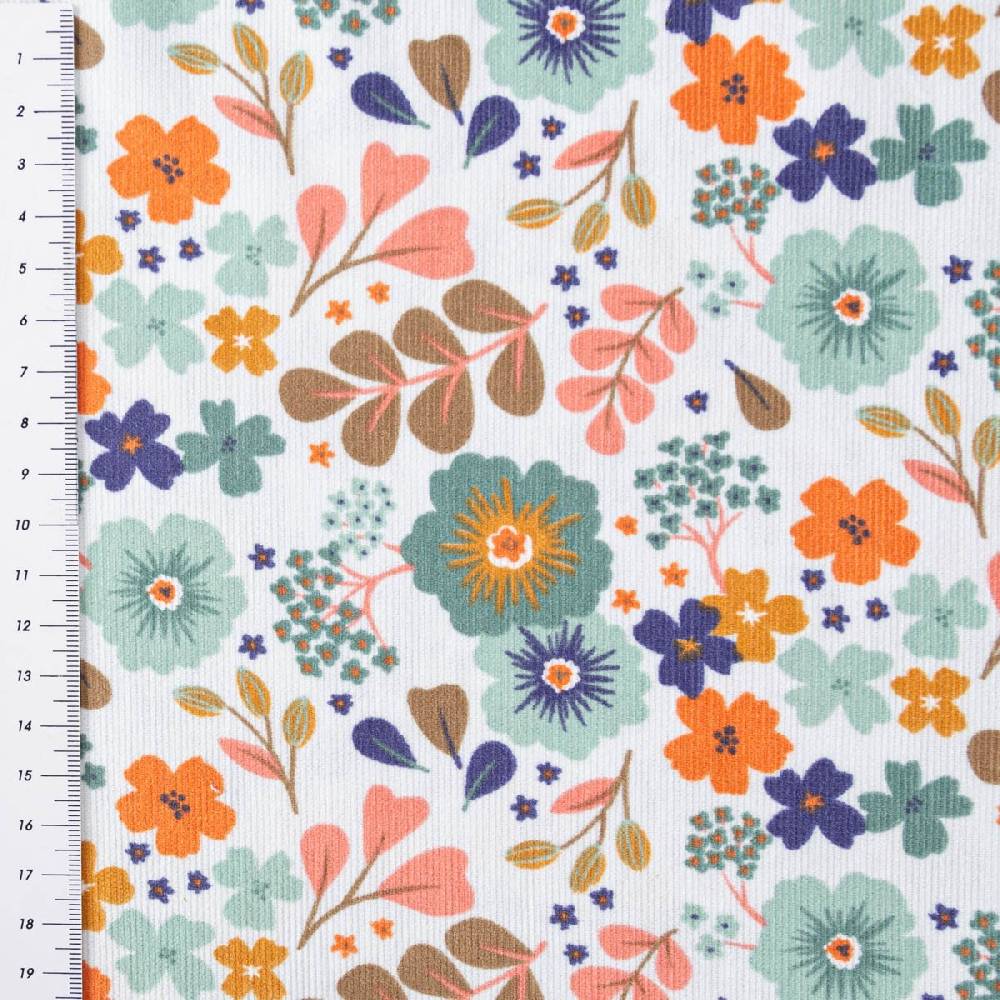 Schöner Leben Cord Stoff Feincord Blumen Blätter mint grün blau orange 1,4m Breite Top Angebot