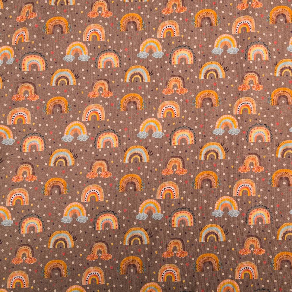 Schöner Leben Jersey Stoff Digitaldruck Aquarell Regebogen Punkte Herzen braun orange 1,4m Breite Online Outlet
