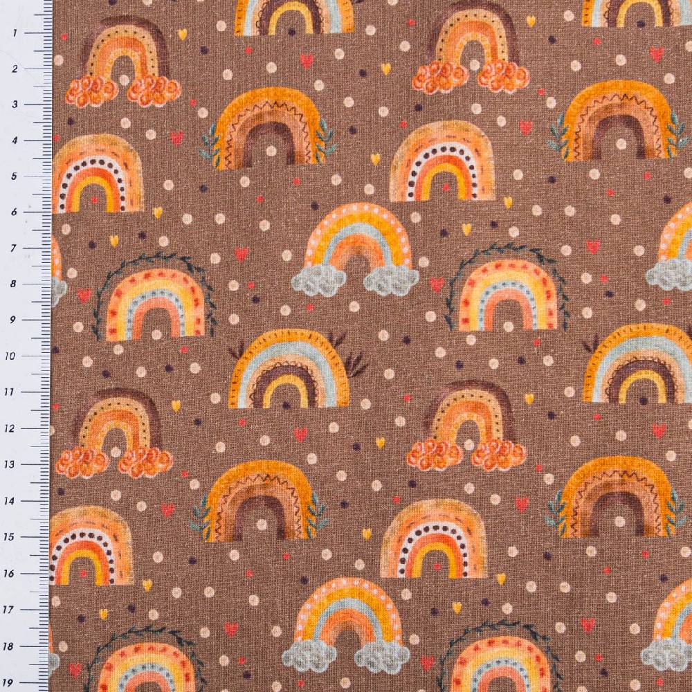 Schöner Leben Jersey Stoff Digitaldruck Aquarell Regebogen Punkte Herzen braun orange 1,4m Breite Online Outlet